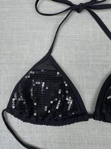 Black Sequin Sparkly Halter Bikini Swim Top Beach Summer Festival Glam Y2K Small - Picture 3 of 4