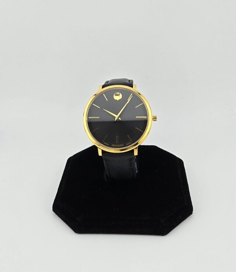 Movado Ultra Slim Women's Black Dial Gold Tone Ladies Watch - 0607091