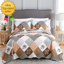 Floral Plaid Patchwork Quilt Set Twin Size Reversible Brown Bedding Set Soft