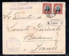 CHILE, SOBRE BCO. DE CHILE, A FRANCIA, 1912, SELLOS BULNES    #DI-17