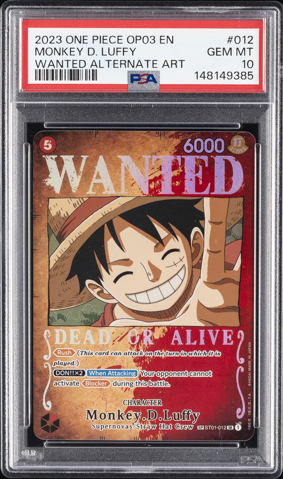 2023 ONE PIECE OP03-PILLARS OF STRENGTH #012 MONKEY D. LUFFY PSA 10