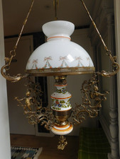 Vintage Brass & Ceramic Hanging Light Oil Lamp Style with Cherubs holding shield