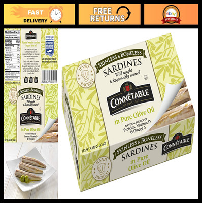 Sardines in Pure Olive Oil - Skinless Boneless, 4.375 oz, Pack of 12 Cans