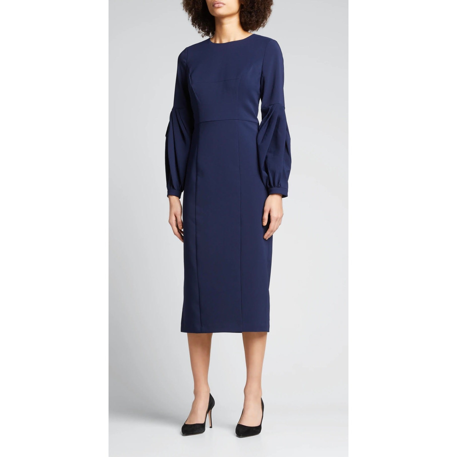 Kay Unger New York Greyson Crepe Midi Dress Blue Balloon Sleeve Size 4 NWT