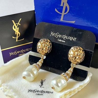 Yves Saint Laurent YSL Arabesque Faux Pearl Dangle Clip-On Earrings Gold Tone