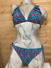 WOMENS SOFT CUP TIE NECK/BACK BIKINI SET SIZE 12 BLUE FLORAL PRINT