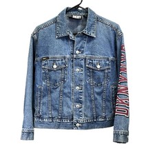 VTG DKNY Spellout Logo Womens' Blue Jean Petite Button-Up Denim Jacket Size PM