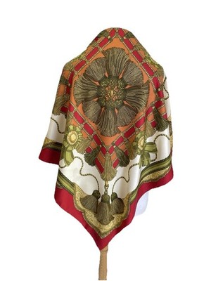 Codello Vintage 100% Silk Scarf Tassels Ropes Fringe Red Gold Green Square #A36