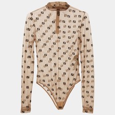 Fendi Beige FF Embroidered Stretch Tulle Turtle Neck Bodysuit XS