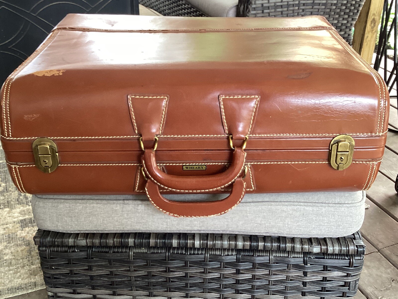 Vintage Wheary The Colonel Leather Suitcase Double Handle W/Jacket