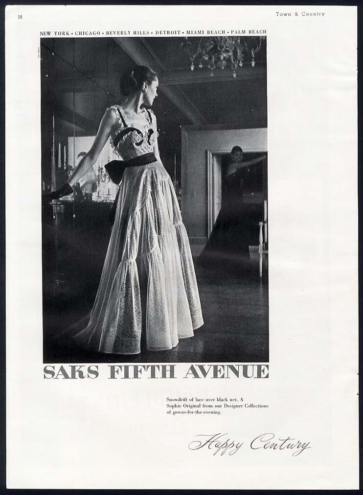 SOPHIE Design Evening Gown 1946 Magazine Ad SAKS FIFTH AVENUE Lace