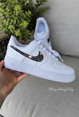 Bling Nikes Air Force Low Sneakers Customized with Black Swarovski  Crystals