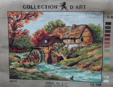 Printed Needlepoint Canvas Cottage Water Wheel 30x40 cm Collection D'Art  New