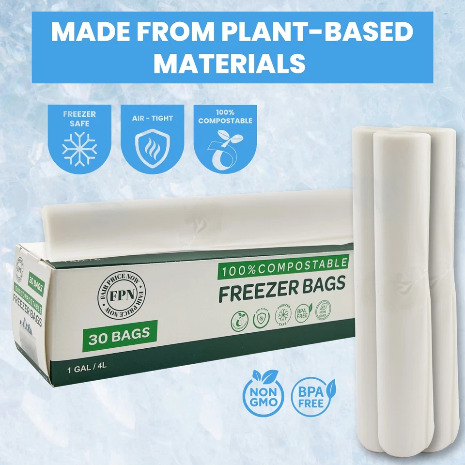 Bolsas de congelador de plástico compostables de 1 galón 60 CT - sin BPA, reutilizables 11x11 - FPN Foto 3 de 4