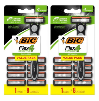 2X BIC Flex 4 Refillable Razors Sensitive Skin 1 Handle 8 Cartridges Shaving Kit