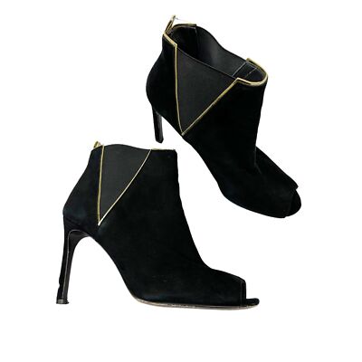 Stuart Weitzman Griff Leather Trim Suede Ankle Boots Black Gold Size 7.5