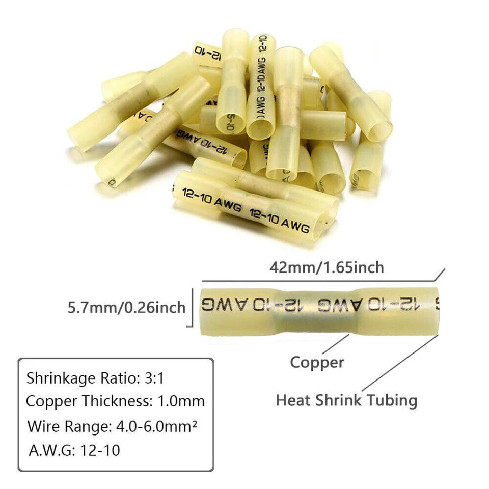 50-300 AWG 12-10 Gauge Heat Shrink Crimp Terminals Wire Butt Connectors Yellow - Image 3 of 4