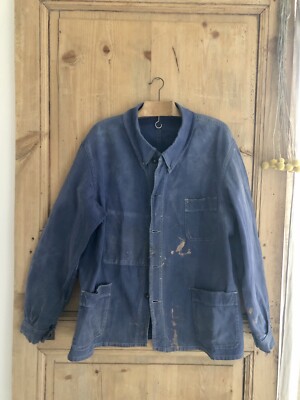 Early1900s French indigo Linen Work Coat Vintage French BLEU DE
