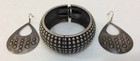 Bracelet & Earring Set Hammered Silver Tone Metal Hinged Cuff Tear Drop Dangle