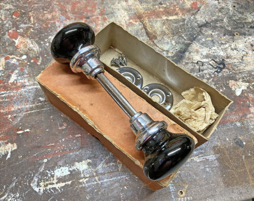 Vtg 20s NOS Art Deco Black Glass Doorknob Set w/ Escutcheons Technical Glass Co.