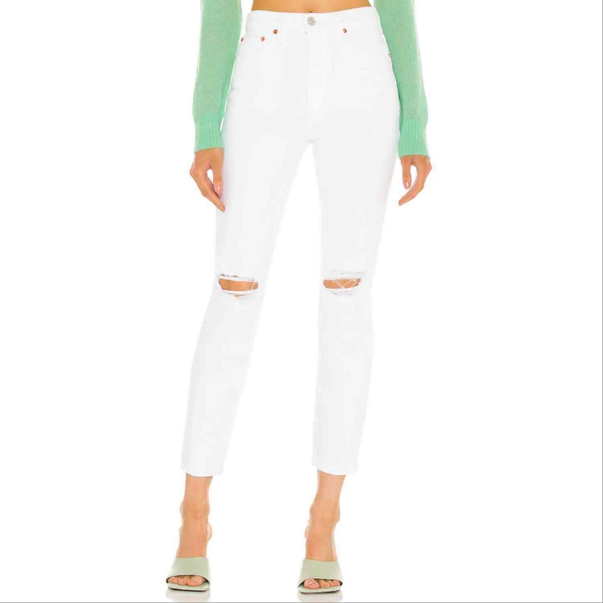 Redone 90s High Rise Ankle Crop Jeans in White Destroy Size 26 