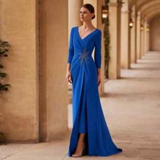Blue Mother of The Bride Dresses V Neck 3/4 Sleeve Wedding Party Gowns Applique