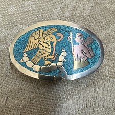 Vintage Mexico Alpaca 925 Sterling Silver, Belt Buckle Turquoise Inlay - Warrior