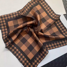 men Women 100 twill Silk 20" Square Scarf neckerchief Wrap plaid brown