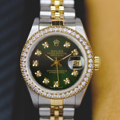 Ladies Rolex Datejust Two-Tone Green Diamond Dial & Bezel 26mm Automatic Watch