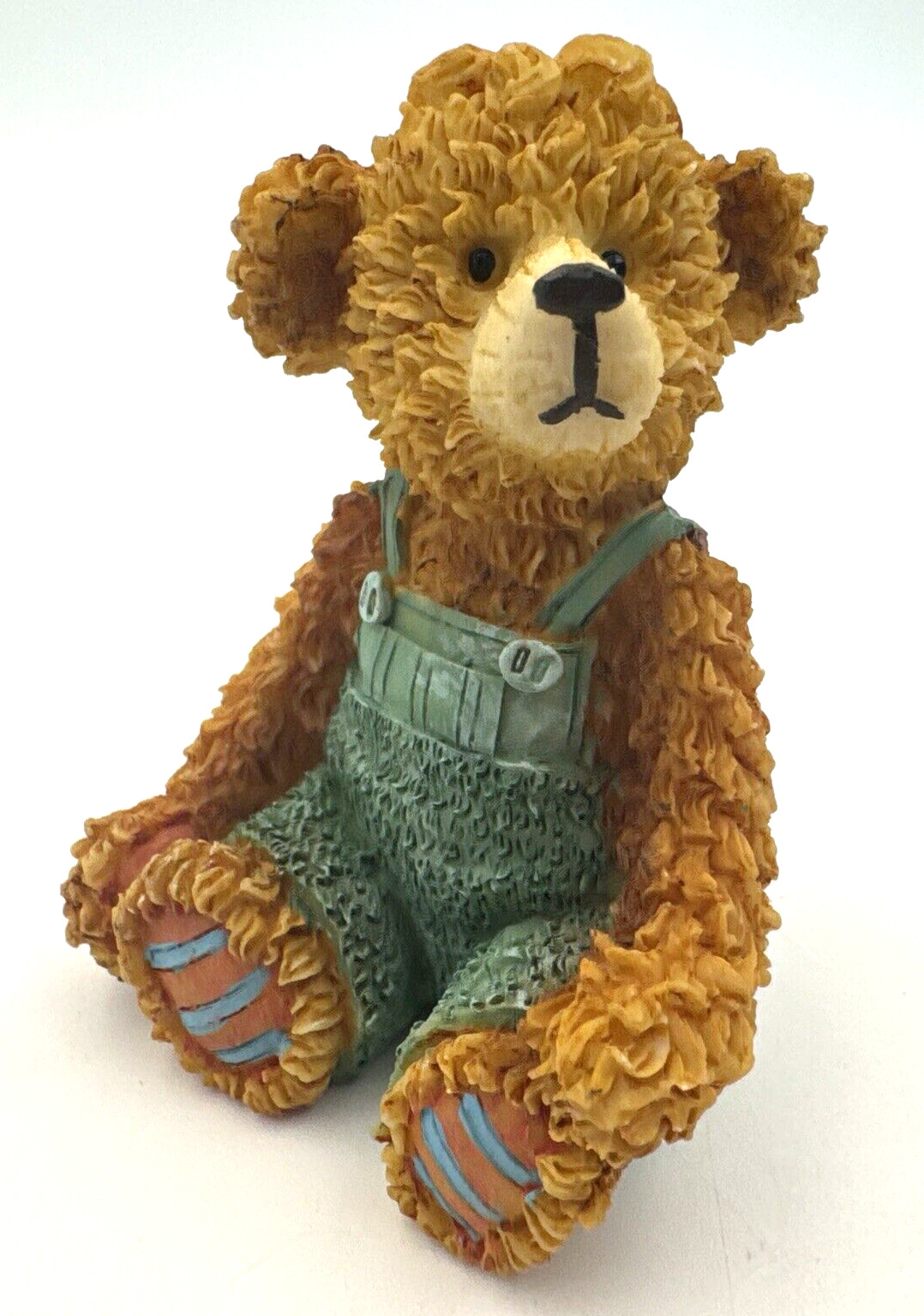 Boy Bear Sitting Wearing Teal Overalls Resin Figurine Hand-Painted Textured 3"