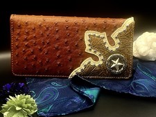 Mens Western Faux Ostrich Star Conch embellished Checkbook Wallet Bifold Brown