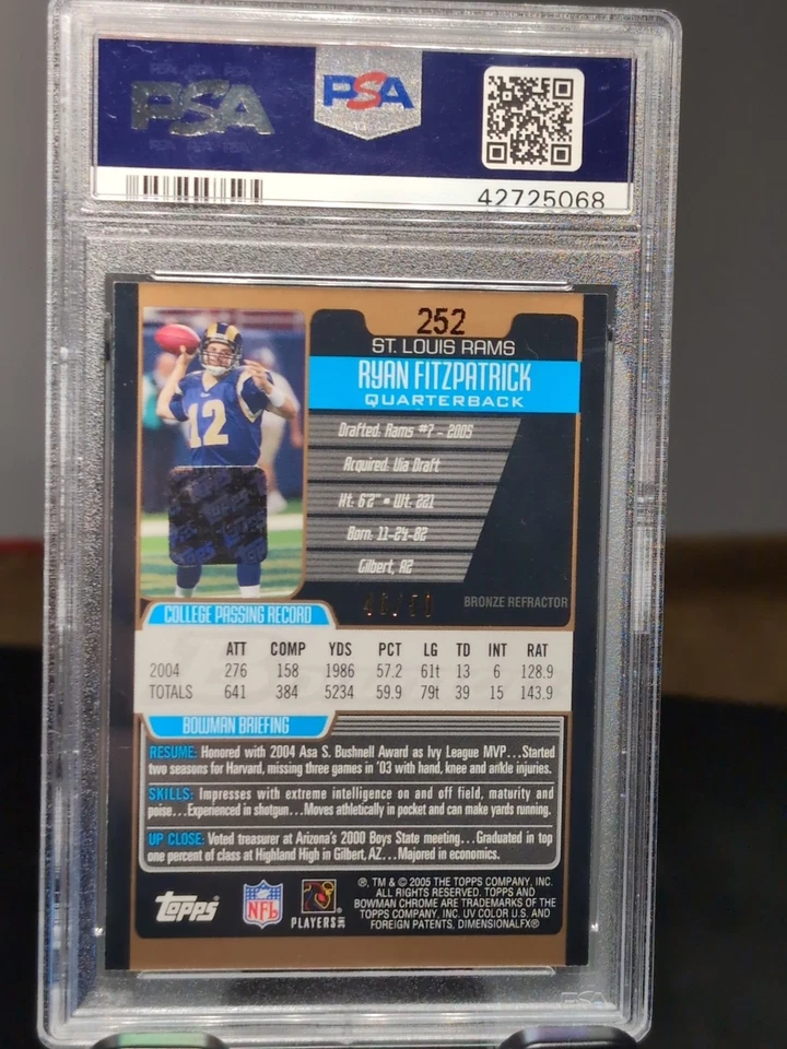 RYAN FITZPATRICK 2005 Bowman Chrome ROOKIE AUTO BRONZE #d /50 PSA 10 - Image 2 of 3