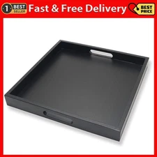 Square Wood Serving Tray With Handle Ottoman Decorative For Home 16x16 Inches Bl