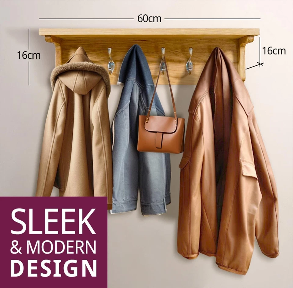 Solid Oak Wall Coat Rack with Shelf | 6 Metal Hooks for Hallway & Entryway - Image 3 of 4