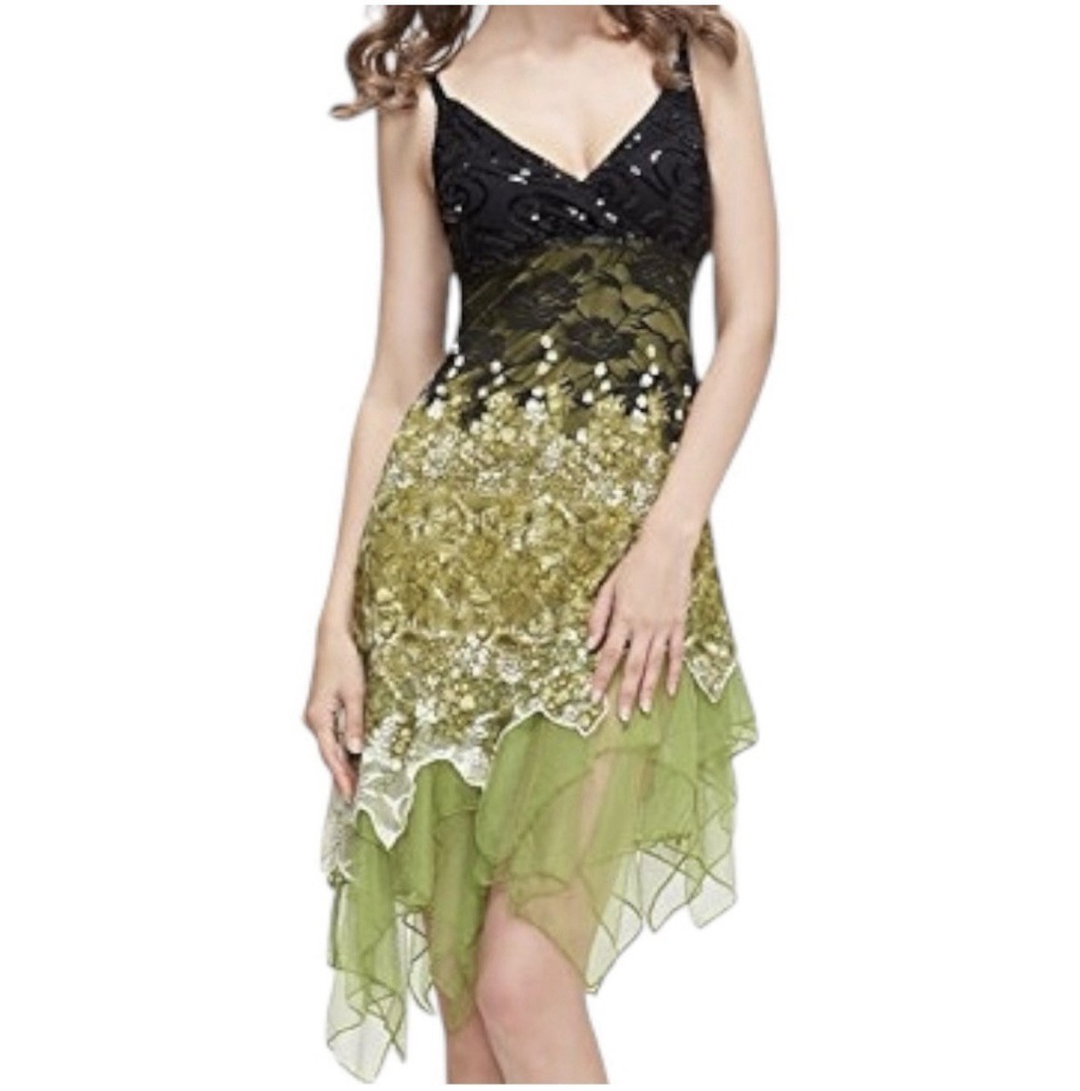 Y2K Ever Pretty Black Sequin Green Lace Asymmetric Tiered Dress Floral  Fairy Sz4 | eBay