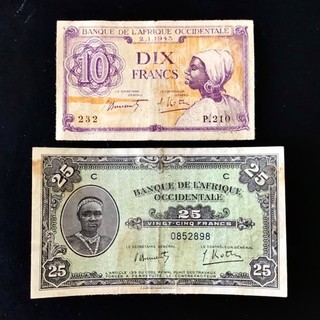 FRANZÖSISCH WESTAFRIKA. 25 FRANKEN 1942 & 10 FRANCS 1943. RAR