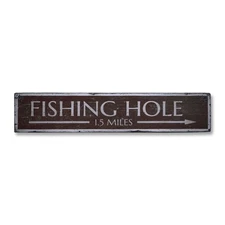 Fishing Hole Arrow Mileage, Custom - Rustic Distressed Wood Sign