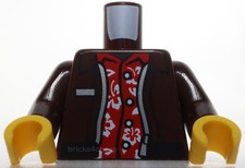 Lego Torso Jacket Open Black Hem Silver Zipper over Red Hawaiian Shirt Flowers