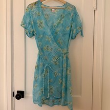 Oscar de la Renta Pink Label Blue Floral Sheer Chiffon Wrap Robe Size M