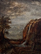 Tableau peinture ancienne paysage de cascade début XXe