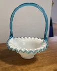 VTG Fenton Glass Aqua Crest Basket White Milk Glass Blue Ruffled Rim Bamboo 6.5"