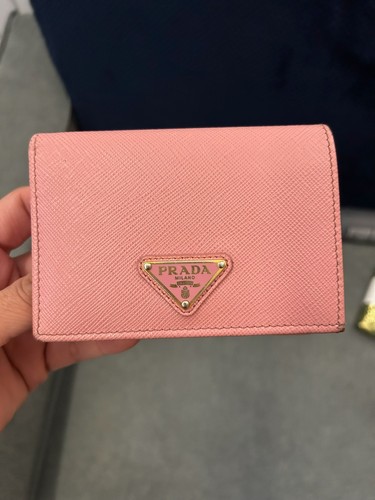 PRADA Saffiano Leather Wallet with Pink Enameled Metal Triangle Logo Used