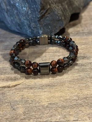 Black Magnetic Hematite Therapy Bracelet Anklet Necklace 2 Row w Red Tiger Eye