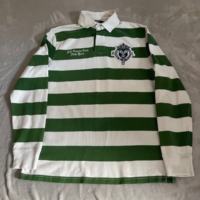 Polo Ralph Lauren Rugby Shirt Mens Medium Green White Striped Tennis Club Crest