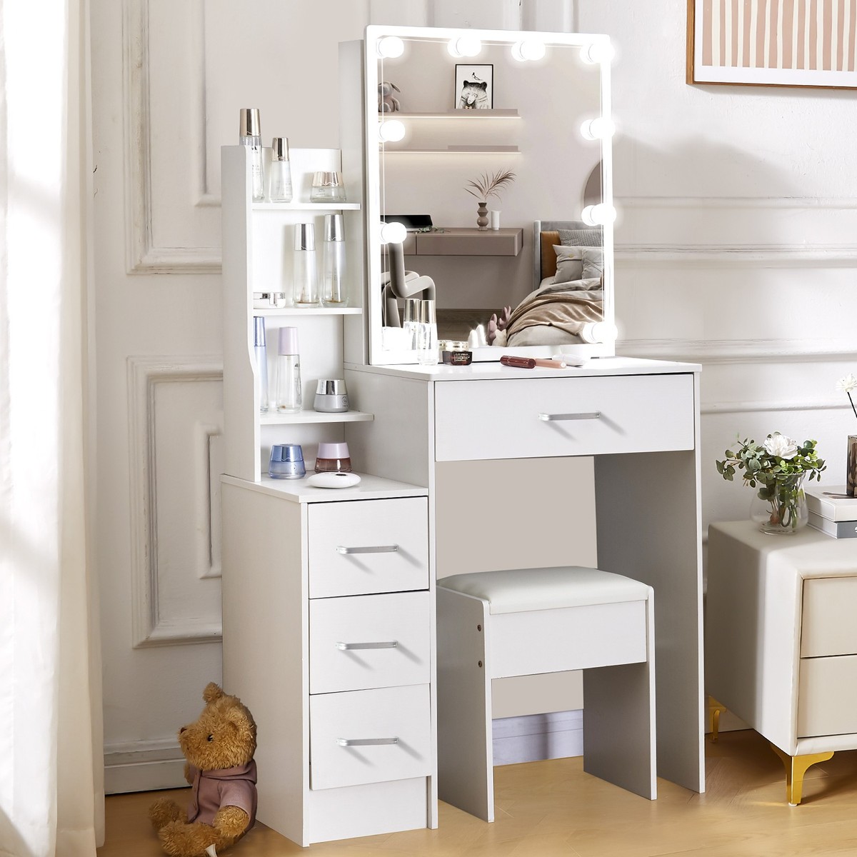 white colour dressing table Amazon.com: 59" Makeup Desk with Drawers & Cabinet & Dresser, Vanity with Drawer Dresser, Large Vanity Table with 8 Drawers, Vanity Desk with Large Mirror and 3-Color Lights for Girls, Luxury Modern Bespoke Style Carving