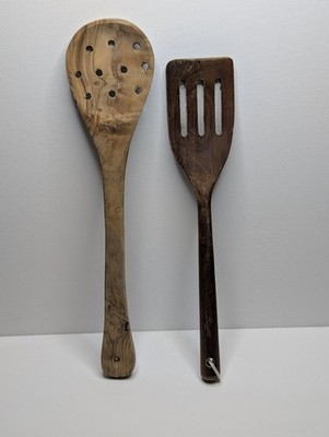 Rustic Wooden Kitchen Utensil Lot Slotted Spoon Wood Spatula Biscotti Italy