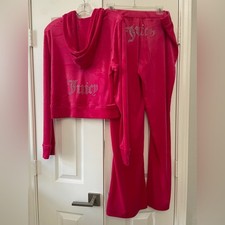 Juicy Couture Velour Tracksuit Set Vixen Pink Rhinestone Hoodie/Pant Y2K-Size XL