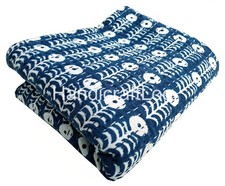 Indian Block Art Kantha Quilt Bedspread Throw Cotton Blanket Floral Print Blue