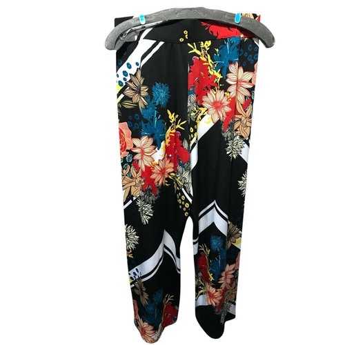 Sunny Leigh Black Peach Red Floral Pattern Pull on Women's Palazzo Pants - Picture 2 of 4