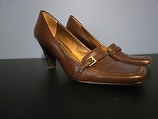 Nine West women's Dasho Cognac Leather size 7.5 Med Square Toe Pumps With Buckle